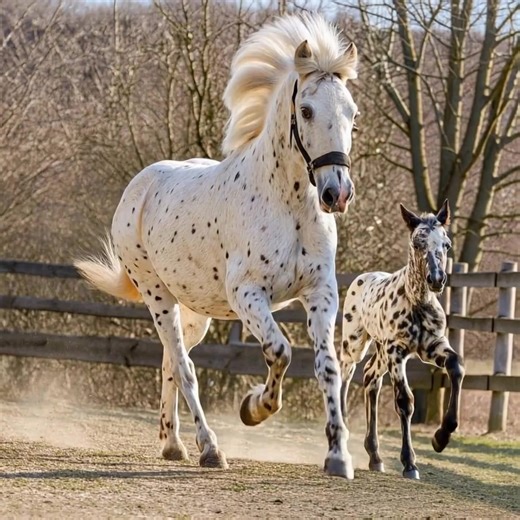 37K views · 3.5K reactions | A breathtaking sight — this gorgeous mare and her little one showing off their signature spots and boundless spirit!  Mom’s elegance and baby’s playful energy make every moment pure magic. ✨ #Knabstrupper #MareAndFoal #SpottedHorses #EquineBeauty #HorseLove | Coloured Stallions | Facebook