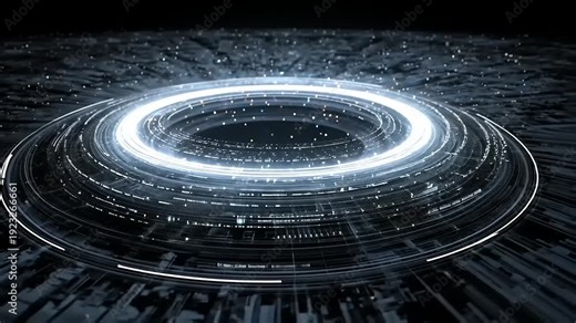Futuristic digital landscape featuring a glowing circular structure amidst a sea of data points