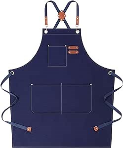 AFUN Chef Aprons for Women Men with Large Pockets, Cotton Canvas Cross Back Water Repellent Work Apron, Size M to XXL (Darkblue)