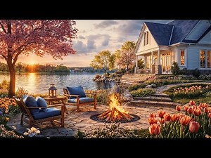 Relaxing Spring Lake Ambience by the Firepit – Gentle Evening Jazz with Blossoms & Nature Sounds 🌸🔥