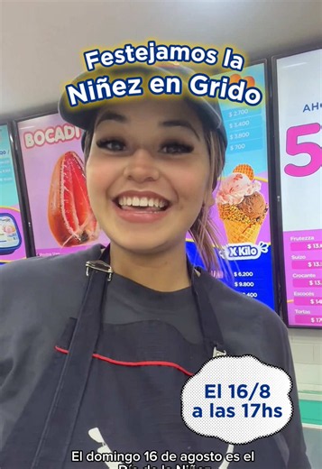 Este domingo 16/8 es el Día de la Niñez y en Grido lo vamos a festejar como se merece 💙🍦 Desde las 17 hs, vamos a regalar un cucurucho de 1 bocha sabor Super Gridito a niñ@s hasta 12 años. 🍦 Además, tendremos promos exclusivas para que compartas en familia. ¡No te lo podés perder! ❤️ 📌 Promo válida en locales Grido Argentina hasta agotar stock de 200 unidades por franquicia, para niños y niñas hasta 12 años.