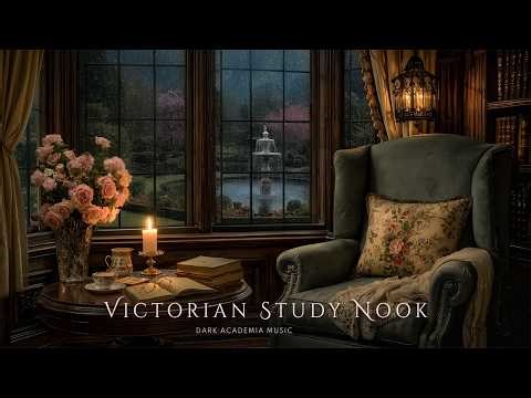 Cozy Victorian Reading Nook by Rain Window | Books , Coffee Cup & Candlelight | Dark Academia Music