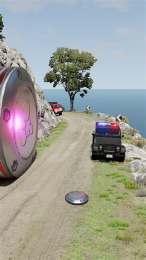 Cars & Ambulance & Fire Truck Pushed Off the Edge by Giant Bollards #2 – BeamNG drive