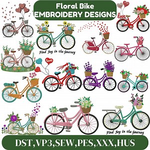 Floral Bicycle Embroidery Design, Bicycles With Flowers in Basket, Vintage Bicycle Embroidery, Floral Basket Bike, Machine Embroidery Design - Etsy