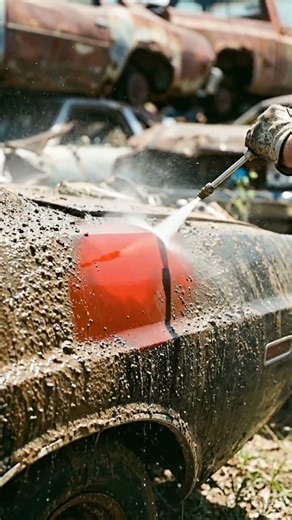 Found in a junkyard, this rusty muscle car returns to life with a stunning midnight black finish.