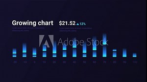 Growing chart concept. Moving banner with statistics and infographics. Data visualization, graphs and diagrams. Financial literacy and passive income. Neon animated graphics