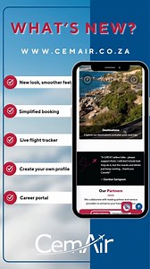 It’s here. The brand-new CemAir website is officially LIVE! ✅ Sleek new design ✅ Smoother, simpler booking ✅ Live flight tracker ✅ Your own profile ✅ Career portal access Everything you need. All in one place. Tap in and explore: www.cemair.co.za | CemAir