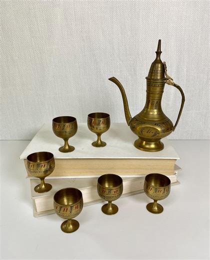 70's Vintage Middle Eastern Brass Tea Set // Ornate Serving Collection // Traditional Arabic Coffee and Goblets // Dallah & Finjaans - Etsy