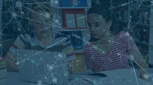 Animation of network of connections over schoolgirl using computer. Global finances business digital interface and technology concept digitally generated video.