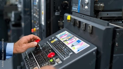 Operator adjusting printing settings on a hightech variable data press to customize text and graphics for personalized direct mail pieces.