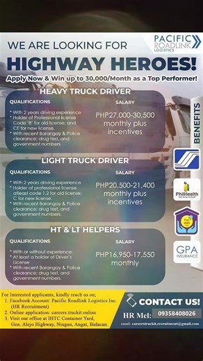 🚚 JOIN OUR TEAM! Be part of a growing logistics company that values dedication, hard work, and people who move the nation forward. ❗ EMPLOYMENT PERKS ❗ ✅ Direct Hire – For Regular Employment ✅ Complete Government Benefits ✅ Life Insurance ✅ 13th Month Pay ✅ Service Incentive Leave ✅ Holiday Premium Pay ✅ Excess Trip Bonus ✅ Best Drivers & Helpers Awards ✅ Employee Referral Program ✅ Free Medical & Laboratory Examinations – ❗ FOR PROVINCIAL APPLICANTS ❗ ✈️ Free Airfare Ticket to Manila & Transpo