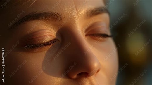 Closing eyes, adult woman reacting to golden hour sunlight while tear forming and tracing cheek