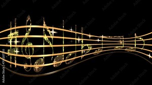 4K Music Note Animation for melody sound and orchestra concert. notes, clefs, and other musical staff symbols fly in colorful light rays for the intro, concert, titles, credits, show, portfolio, scree