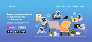 Woman with robots watching videos on laptop online education e-learning video tutorials live streaming concept | Premium Vector