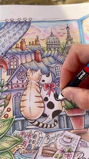 Cats in Paris from Rita Berman’s Europe book #catart #pencilcoloring #ritaberman #adultcoloring