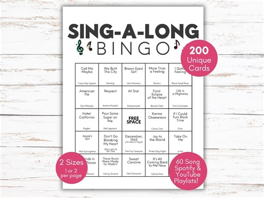 200 Cards Sing-a-long Music Bingo, Singalong Bingo, Music Bingo Cards, Spotify Playlist, Party Bingo, 70s, 80s, 90s Bingo, Party Hits Bingo - Etsy