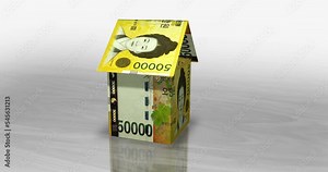 Won 50000 KRW banknote surface. Flying over South Korea money note. 3D abstract concept of business, inflation, economy, finance, crisis and banking. Seamless and looped.