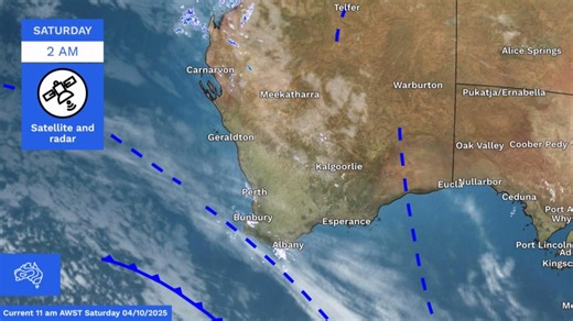 It will be a wet weekend across parts of central and southern Western Australia. The wet weather is being driven by a cold front and a trough that is combining with tropical moisture, creating a cloud band and potential thunderstorms. The highest rainfall totals in the 24 hours until 9am AWST Saturday were: 53mm at Capel 49mm at Paynedale 41mm at Balingup 39mm at Capel North 31mm at Happy Valley The showers and storms will gradually move into south-east Western Australia on Monday and clear duri