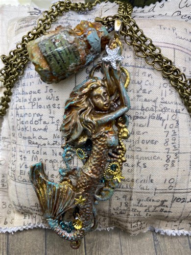 Hand Painted Mermaid Pendant Necklace Rustic Bronze Ocean Art Jewelry One of a Kind - Etsy