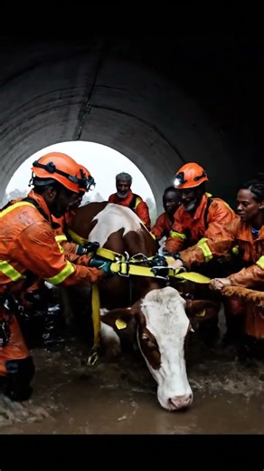 Flood Disaster: Cow Pulled From River Tunnel by Human Chain Heroes