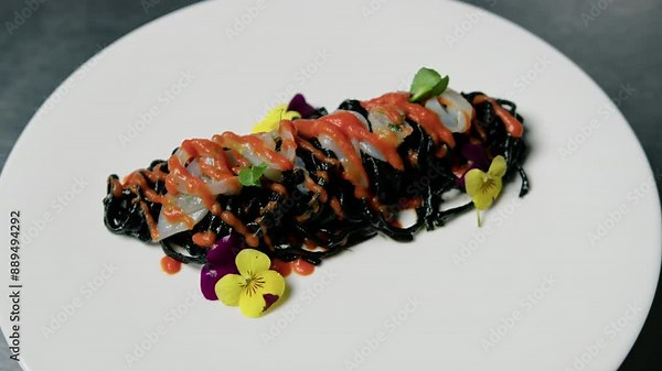 Black Cuttlefish Ink Spaghetti Pasta With Shrimps And Cherry Tomato First Course