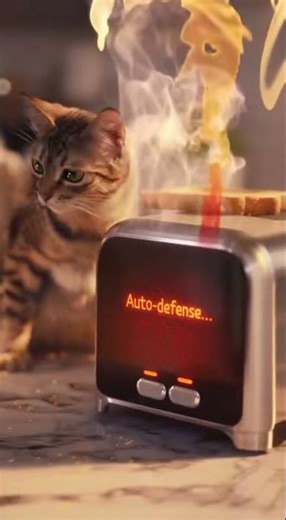 A cat makes toast in a toaster. AI generation.