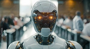 Humanoid robot competes with humans in a job interview setting. Concept Artificial Intelligence, Human vs Machine, Job Interview, Robotics, Future of Work