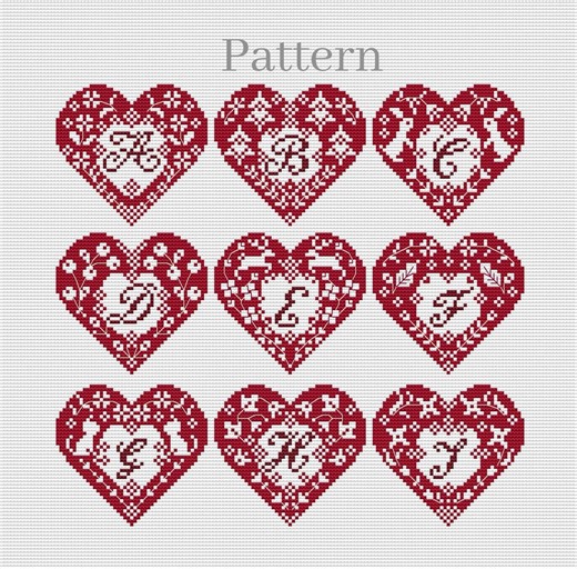 Heart Cross Stitch Pattern With Alphabet Chart for Monogram Ornaments With Initial Letters - Etsy