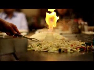 Hibachi Chef makes Onion Volcano of Fire with flames 60 frames/sec