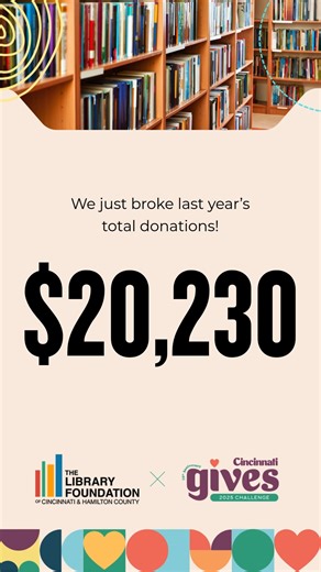 RECORD BROKEN! 🎉 Because of our amazing community, we have officially surpassed last year’s Cincinnati Gives total of $20,230. We just set a new fundraising record for the Library Foundation in the Cincinnati Gives Challenge! Right now, we're in 5th place for the most funds raised. Help us stay strong all weekend long! Every donation, big and small, helps us climb the leaderboard. 👉 Donate today: https://www.cincinnatigives.org/organization/Supportchpl #SupportCHPL #LibraryFoundation #Cincinna