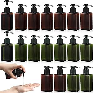 Domensi 12 Pcs 100ml /3.4 oz Pump Bottle Mini Travel Bottles Small Dispenser Containers Plastic Pump Lotion Dispenser Empty Square Travel Size Containers Toiletries (Green,Brown)
