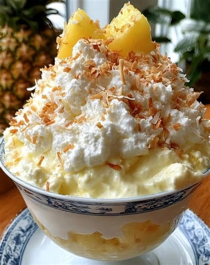 Hawaiian Pineapple Coconut Fluff – Light, Creamy & Island-Inspired 🌴🍍🥥 This Hawaiian Pineapple Coconut Fluff is a cool, creamy no-bake dessert that tastes like a tropical vacation in every spoonful. Sweet crushed pineapple, smooth vanilla pudding, fluffy whipped topping, and coconut come together into a light, refreshing dessert that’s perfect for potlucks, holidays, or easy summer treats. Ingredients: • 1 can (20 oz) crushed pineapple, undrained • 1 box (3.4 oz) instant vanilla pudding mix •