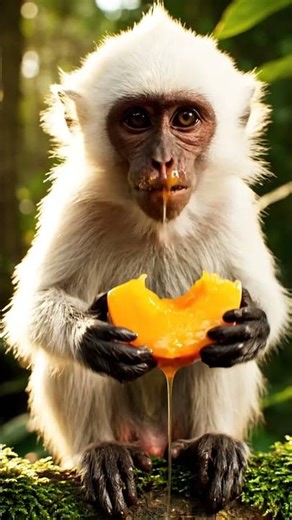 White Monkey Eating Mango 🐒🥭 | Cute & Calm Animal Moments
