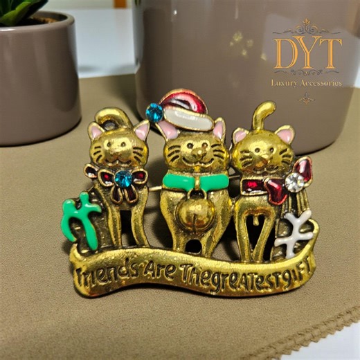 Friendship Pin - Gold Cat Trio Christmas Pin With Enamel & Rhinestones - Etsy