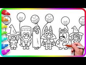 BLUEY Coloring Pages - Halloween Costumes. Do you know How to color Bluey, Indy, Rusty and other