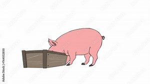 A pig walked over to the feeding box and started eating. Cartoon character of pig farm village