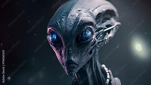 Spooky alien's face on black background. UFO and extraterrestrial life concept