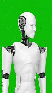Futuristic robot , artificial intelligence CGI on black and green background . Robotic man 3D render animation .