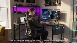 AODK L Shaped Desk Gaming Desk with LED Light & Power Outlet, 53 Inch Reversible L Shaped Computer Table with Shelf & Storage Bag & Hook for Home Office, Black