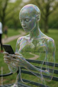 Futuristic transparent humanoid using smartphone on park bench — surreal blend of nature and advanced technology