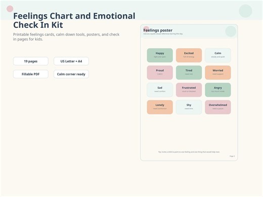 Feelings Chart and Emotional Check in Kit Printable Kids Emotion Cards Calm Down Tools Self Regulation PDF - Etsy