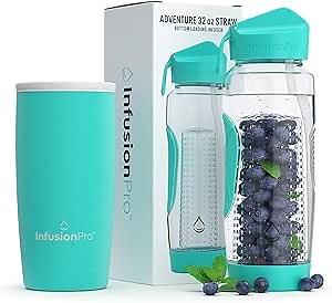 Infusion Pro 32 oz Fruit Infuser Water Bottle with Straw Lid : Insulated Sleeve : 50 Recipe Fruit Infusion eBook : Bottom Loading, Large Water Infuser for More Flavor : Unique Gift Idea