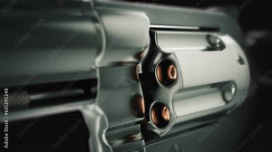 Rotating loaded revolver drum. Close-up. Depth of field. Seamless animation. Stock Video