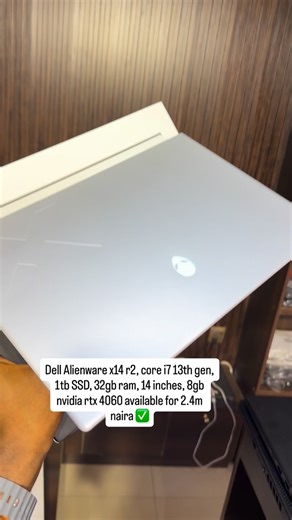 Dolf technologies | Laptops and phones in lagos💻 on Instagram: "Dell Alienware x14 r2, core i7 13th gen, 1tb SSD, 32gb ram, 14 inches, 8gb nvidia rtx 4060 available for 2.4m naira ✅ Specs: Dell Alienware X14 R2 Laptop | 14” 2560x1600 QHD+ 165Hz |Intel Core i7-13620H -32GB Memory 1TB SSD Drive - Nvidia GeForce RTX 4060 | 10 cores @ 2.40GHz GHz - 8GB GDDR6 Win 11 Home Silver Laptop and charger only ✅ Address: Mokland plaza 3/9 Olu Koleosho street, computer village, Ikeja, lagos. Nationwide delive