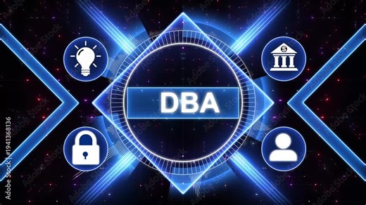 DBA acronym. Database administration concept. Business, modern technology, internet and social media icons 4K animation background.