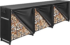 VIVOHOME 12 ft Heavy Duty Firewood Rack Outdoor with Cover, Fire Wood Storage Rack, Log Holder and Cover Combo Set with Zipper, Black
