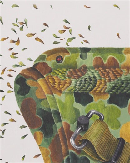 If nature could camouflage a weapon, what would it look like? eX de Medici had an idea. 🌿 Deployed as an official war artist as part of the Regional Assistance Mission to the Solomon Islands (RAMSI), eX de Medici's arrival coincided with one of the wettest weeks of the year. The continual, drenching rain meant there was no chance of completing paintings or sketches outdoors. Instead, she took hundreds of photographs across Guadalcanal, capturing many traces of the conflict, including former bat