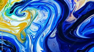 An abstract swirling pattern of blue and yellow colors, creating a vibrant and dynamic visual effect.