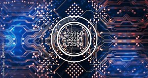Circuit board and data processing animation with numbers and circular elements