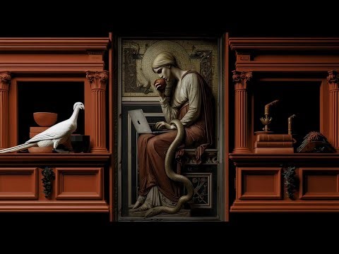 Pre-Raphaelite Eve: Apple, Halo & Laptop in Crimson Glory